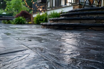 Obraz premium Close-up view of wet, textured stone patio glistening in early evening light, encircled by lush greenery and ambient string lights.