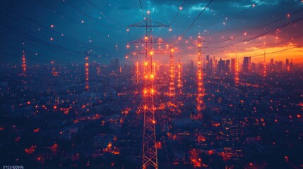 Fototapeta premium A vibrant cityscape at sunset with power lines and lights.