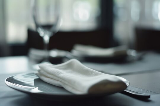 A sophisticated table setting features a folded napkin on a plate, accentuated by soft lighting, creating an atmosphere of refined dining elegance.