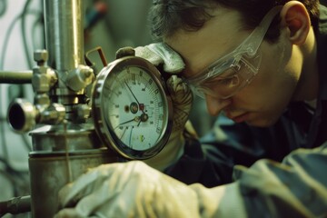 A focused technician reads a pressure gauge amidst industrial equipment, showcasing attentiveness and precision in a high-stakes environment.