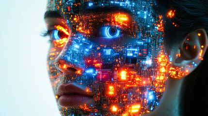 A woman’s face illuminated by neon circuits and digital patterns, bridging human emotion and technological advancement artfully.