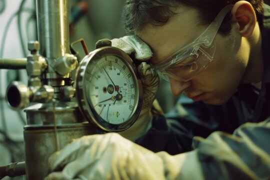 A focused technician reads a pressure gauge amidst industrial equipment, showcasing attentiveness and precision in a high-stakes environment.
