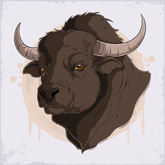Hand drawn angry huge American buffalo head with aggressive horns isolated on white background