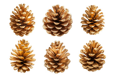 Set of Golden Pine cone isolated on white background, PNG