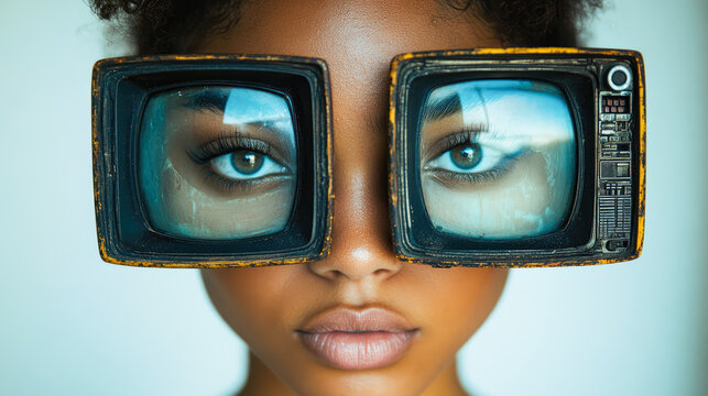 A woman's face is adorned with vintage TV set frames as glasses, distorting her eyes, creating a surreal visual effect.