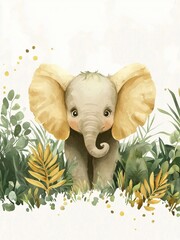 A cute baby elephant emerges from lush greenery, featuring soft colors and a playful expression, creating a whimsical and heartwarming scene.