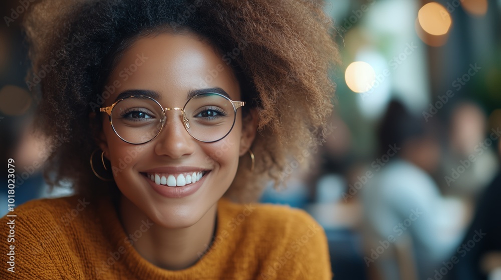 Poster a smiling woman in glasses is sitting at the table with her colleagues during an interview, creating