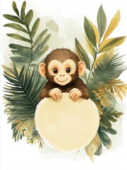 A playful monkey peeks from behind a large circle, surrounded by lush tropical leaves and a colorful, vibrant background.
