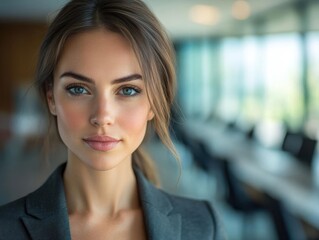 Naklejka premium Confident businesswoman in grey blazer, standing in modern office with large windows and natural light.