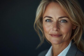 Confident blonde businesswoman in grey suit, smiling slightly with a professional and calm demeanor. Dark background.