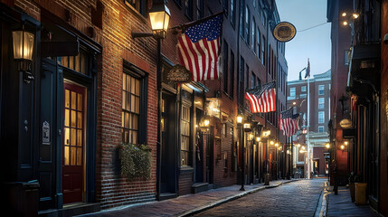 Fototapeta premium Historic Boston Street with Brick Buildings, Old-Fashioned Lamps, and American Flags