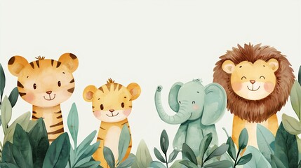 A colorful illustration of cartoon animals including a tiger, lion, baby tiger, and elephant, surrounded by lush green foliage.