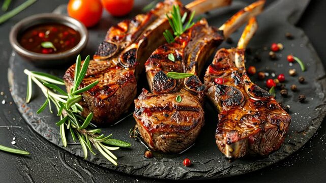 Grilled lamb chops on a black slate platter, accompanied by rosemary sprigs and a small bowl of dipping sauce