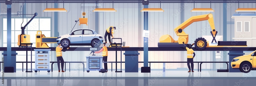 Leinwandbilder a team of workers focuses on installing and inspecting car interiors in a busy factory, ensuring qua