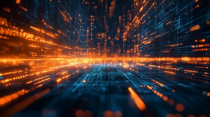 Abstract digital background with blurred light streaks and data center elements, symbolizing fast connection speed in technology or big data