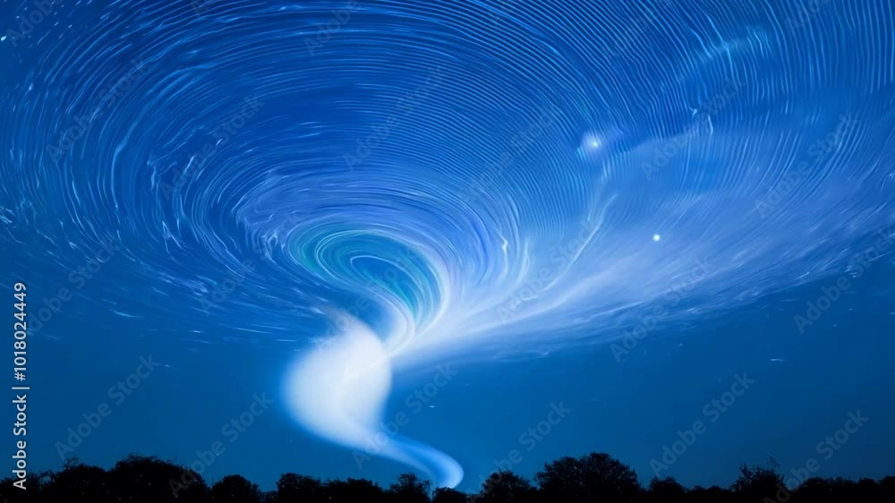 Poster abstract swirl of light and dark blue hues creating a vortex effect.