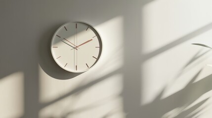 A white clock with black hands hangs on a wall, with the shadow of a window and a plant.