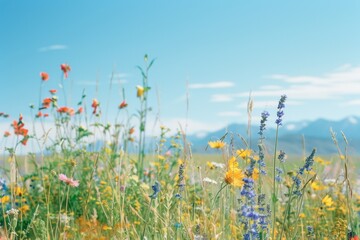 A vibrant field of wildflowers in full bloom under a clear blue sky, with distant mountains creating a picturesque backdrop.