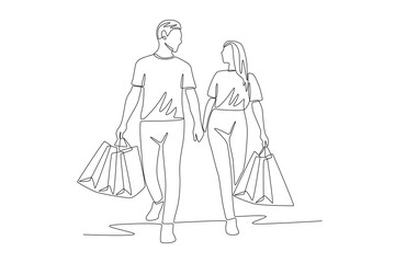 Couple shopping using shopping bags. Couple shopping concept one-line drawing