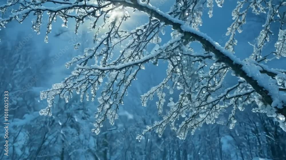 Poster close up of a snowy tree branch with ice crystals on it.