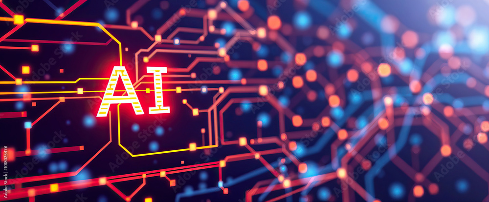 Poster AI digital network technology background with glowing nodes circuits