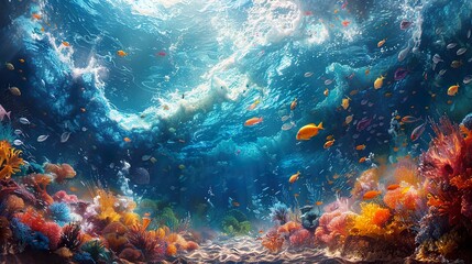 Vibrant Underwater Coral Reef with Colorful Fish