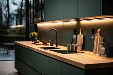 Modern kitchen with wooden countertop, black sink, matte black faucet, induction cooktop, cutting boards, kitchen utensils, glass jar, and potted plant, with large windows in the background.