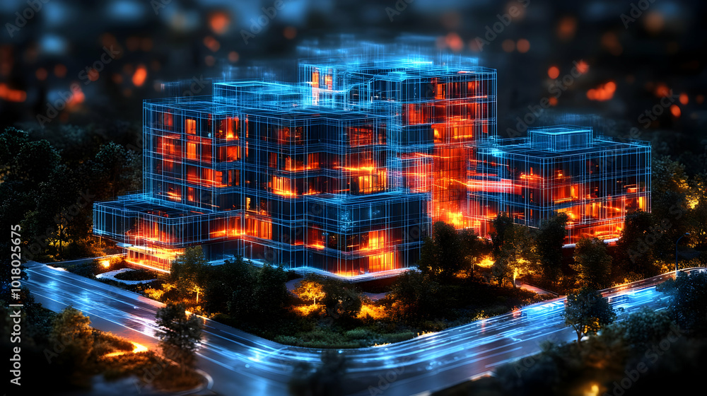 Poster futuristic architectural design with glowing elements and trees.