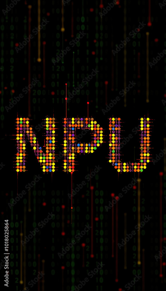 Poster digital matrix style letters digital binary npu on dark background with colorful light streaks technology data concept vertical format