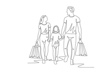 Family shopping using shopping bags. Couple shopping concept one-line drawing