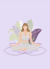 Yoga poster with green leaves. Graphic illustration 