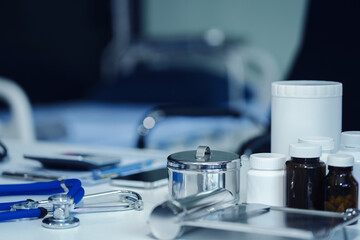 Close up of a stethoscope and digital tablet with virtual electronic medical record of patient on interface.Digital healthcare and network on modern virtual screen, DNA medical technology.