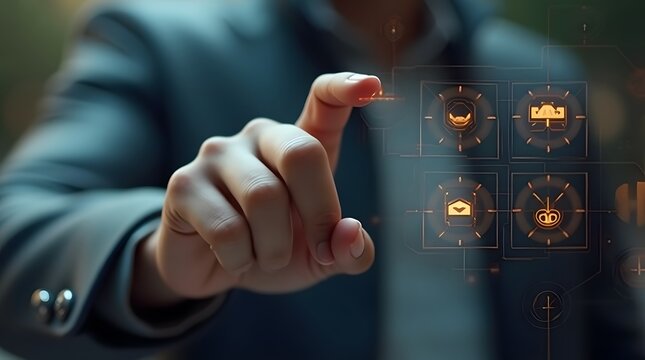 A hand presses buttons on an interactive panel, demonstrating the interaction between man and technology.