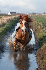 Obraz premium A horse galloping through a muddy path, splashing water, showcasing speed and vitality.