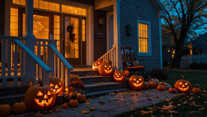 Outdoor Halloween Candy Basket on Doorstep with Glowing Jack-O'-Lantern