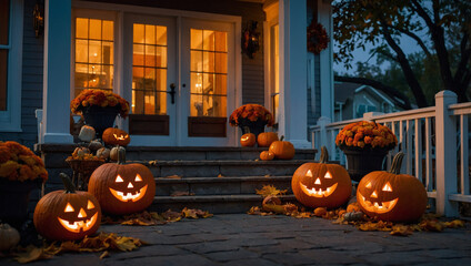 Outdoor Halloween Candy Basket on Doorstep with Glowing Jack-O'-Lantern