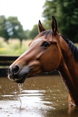 Fototapeta premium A horse drinking water with droplets falling from its mouth, surrounded by nature.