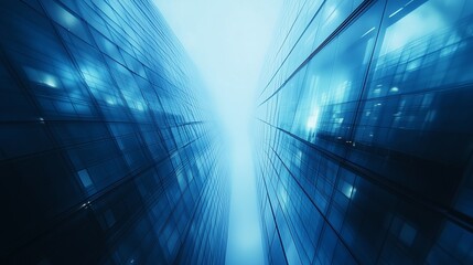 Business background, glass buildings in the city, blue and white color scheme