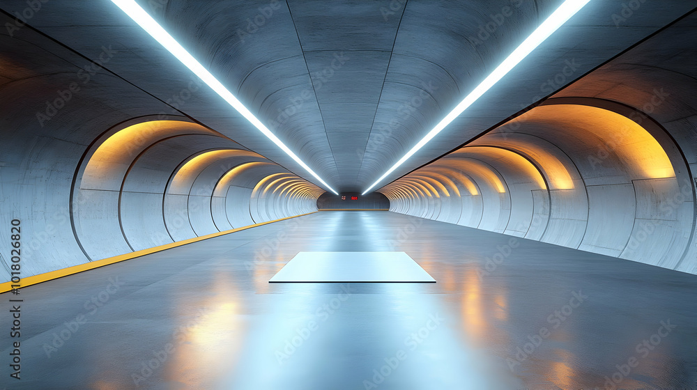 Poster futuristic tunnel with illuminated walls and a central platform.