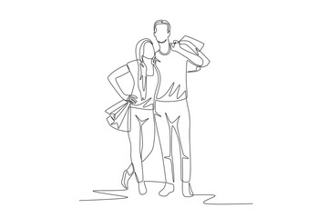 Couple shopping using shopping bags. Couple shopping concept one-line drawing