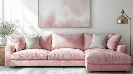 Soft pink sofa and white pillows