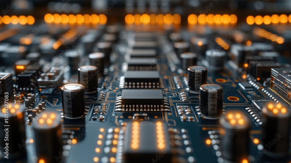Poster close-up of a circuit board with chips and glowing elements.