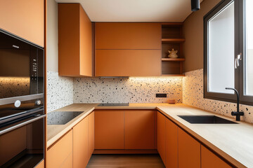 Modern kitchen interior with orange cabinets, terrazzo backsplash, black induction cooktop, built-in oven, sink, open shelving, and natural light from window.
