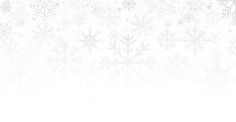 Obraz premium Christmas background with gray to white gradient. Abstract snowflakes background. Winter Snow flake or greeting card.