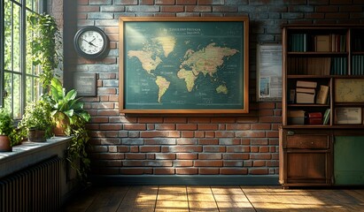 a map on a brick wall

