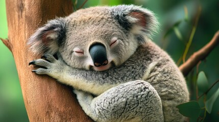 Obraz premium A cozy koala sleeping on a tree branch amidst lush greenery.