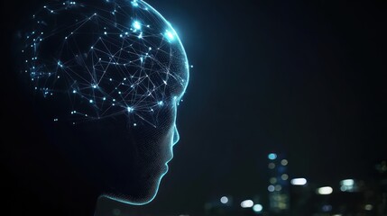 Double exposure of artificial intelligence head and night city view with digital connection, symbolizing the fusion of technological innovation and urban life