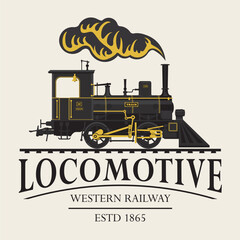 vector retro logo or emblem with a drawing silhouette of an old railway steam locomotive in cartoon style with the inscription western railway © paseven