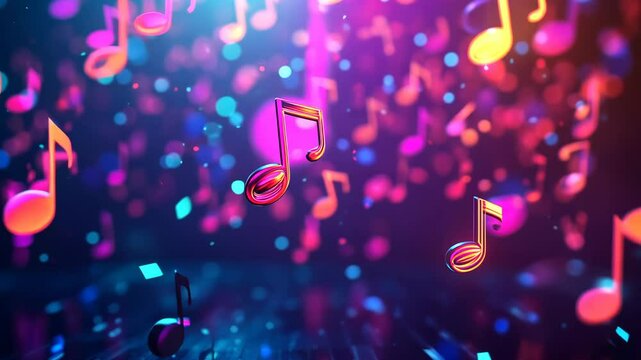 Shiny musical notes float against a vibrant background with a purple, pink, and blue hue