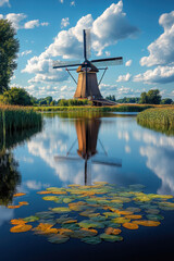 Windmills, blue sky with clouds, river with lily pads and reeds.